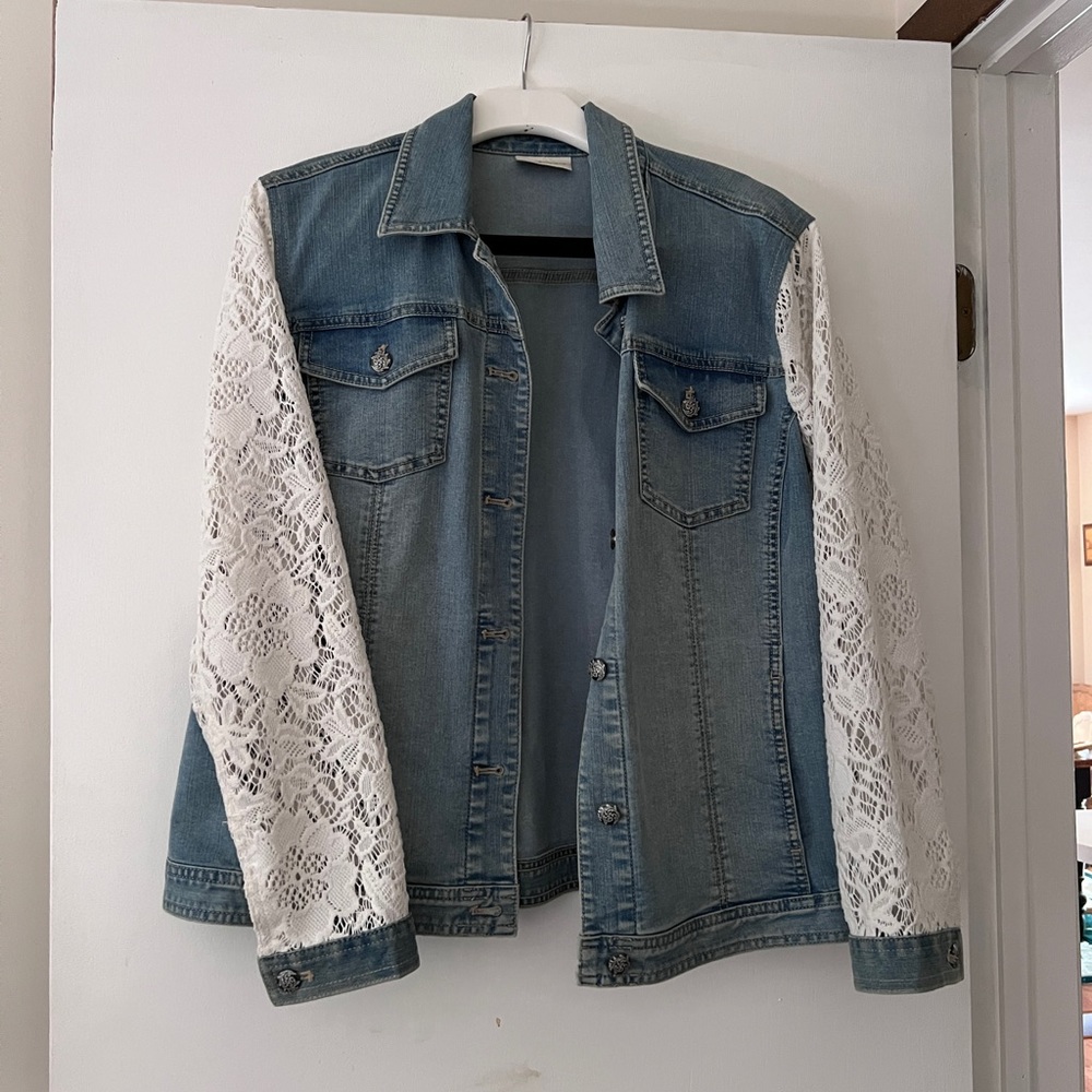 Chicos denim jacket with lace sleeves
